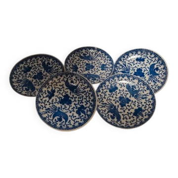 Lot de 5 assiettes japonaises porcelaine ancienne bleu blanc, phénix floral, Dai Nippon