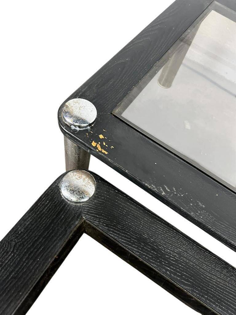 Set of 2 vintage nesting tables: wood and smoked chrome