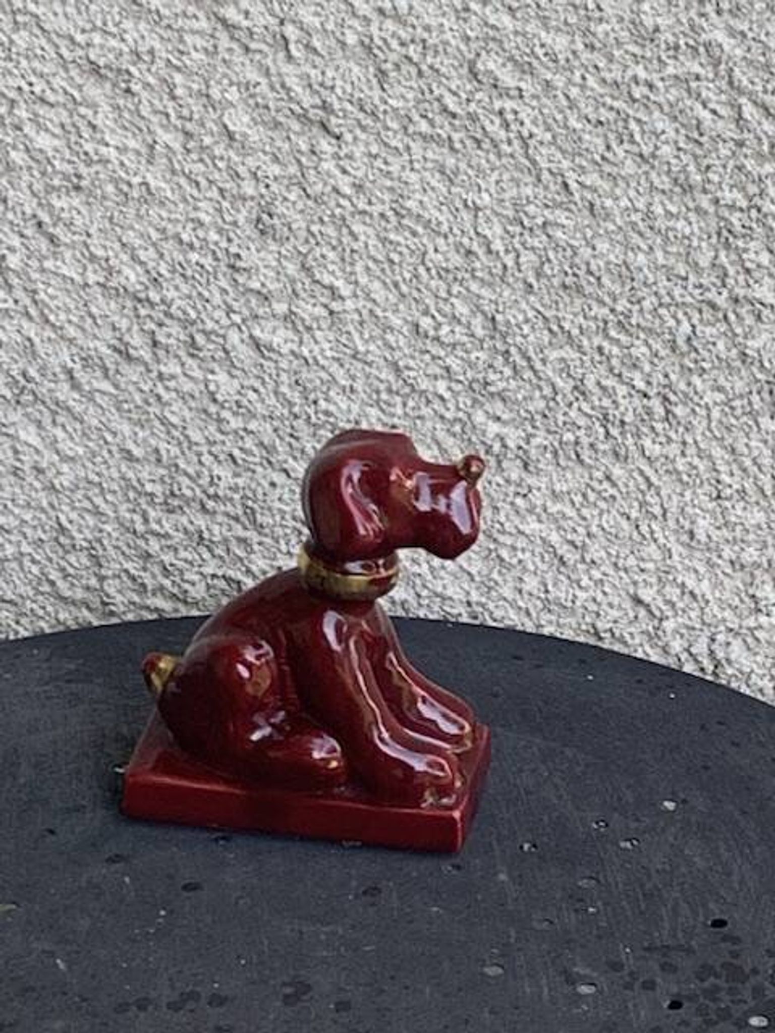 Dog sign CAB in vintage burgundy red enameled ceramic slip, art deco