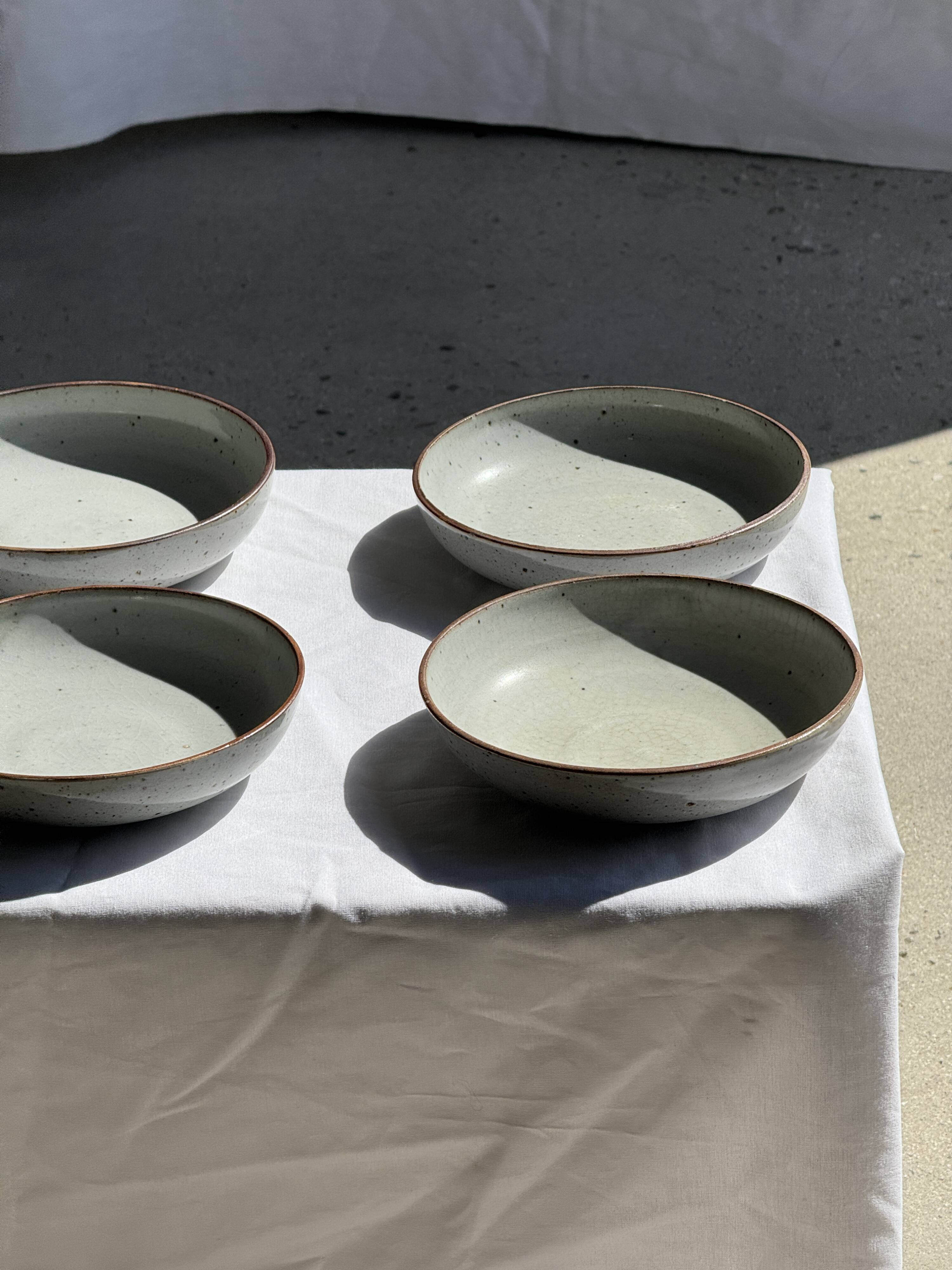 Set of 7 handmade grey glazed ceramic deep plates D18.5 H5.