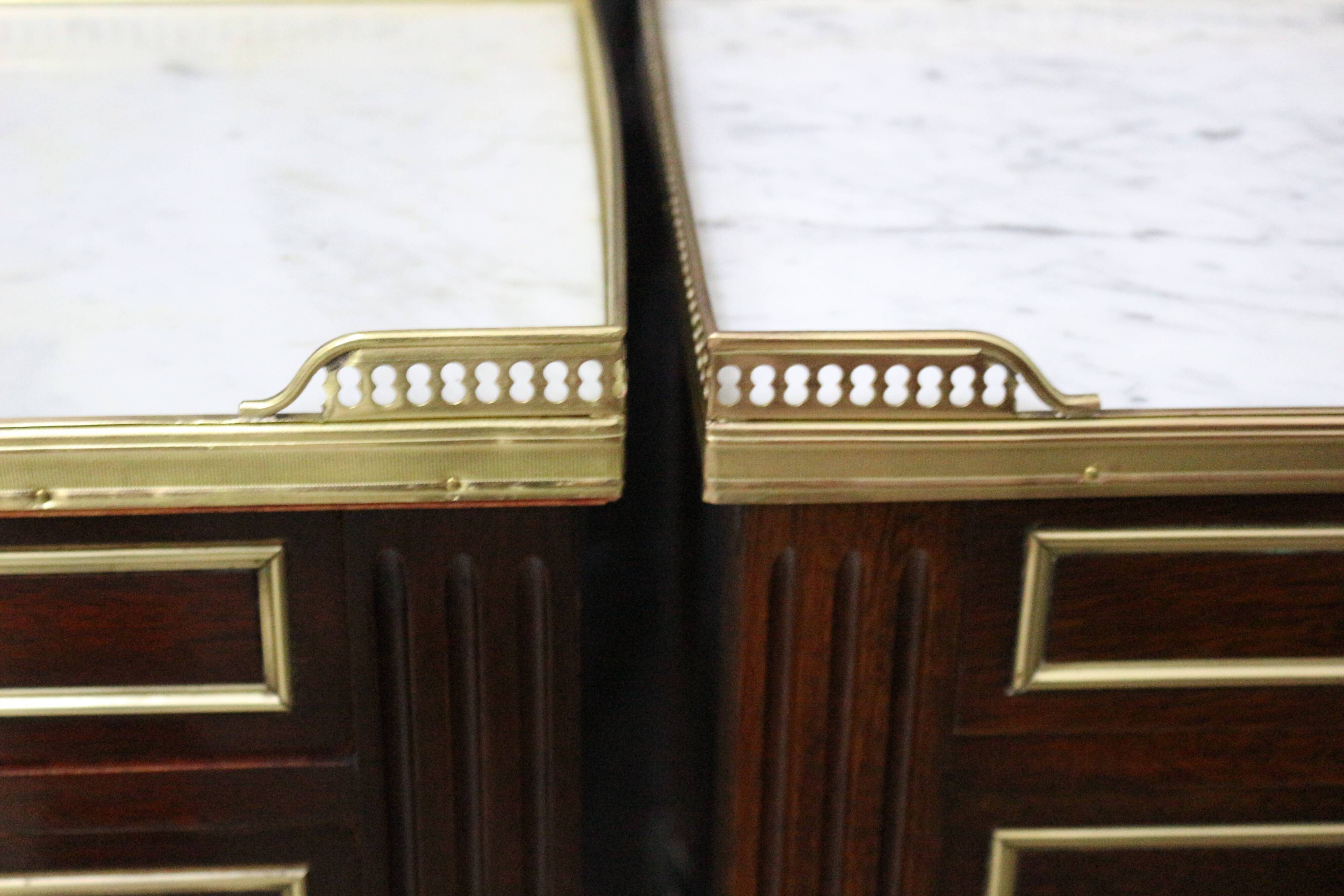 Pair of Mahogany Nightstands with White Carrara Marble in Louis XVI Style