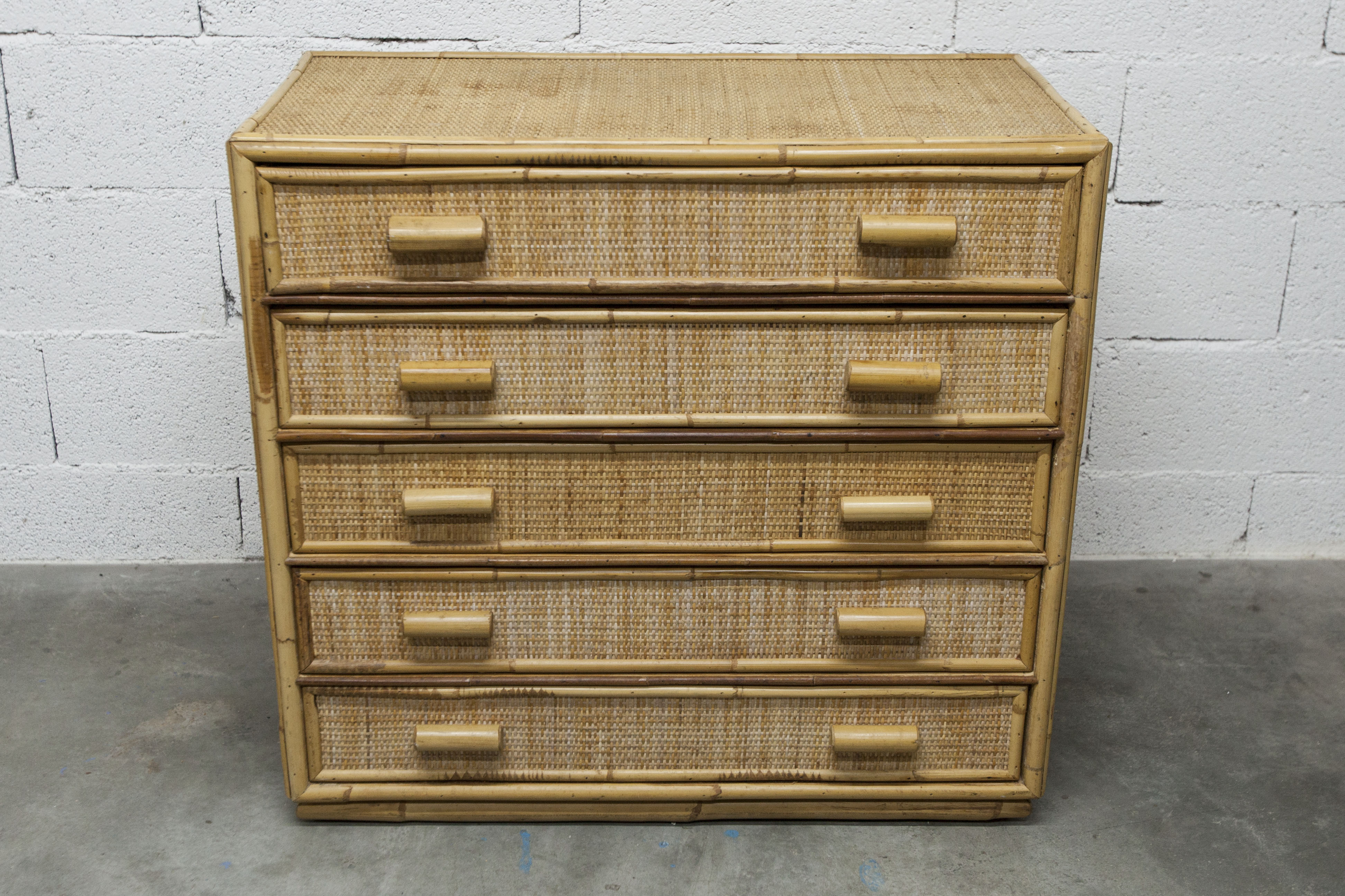 Commode en rotin à 5 tiroirs 1970