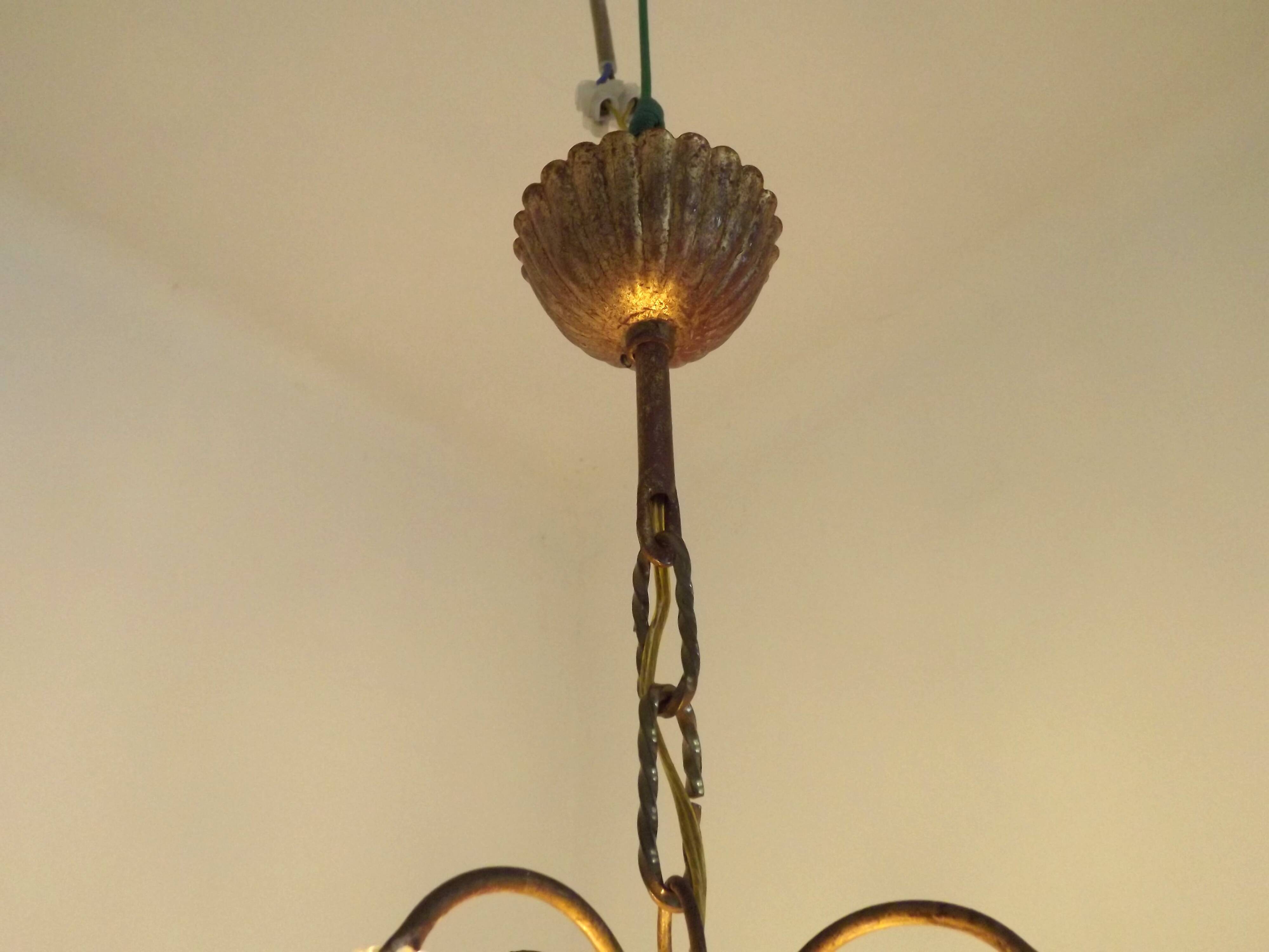 French Vintage 4 Light Metal Cage Chandelier with White Murano Drops and Beads