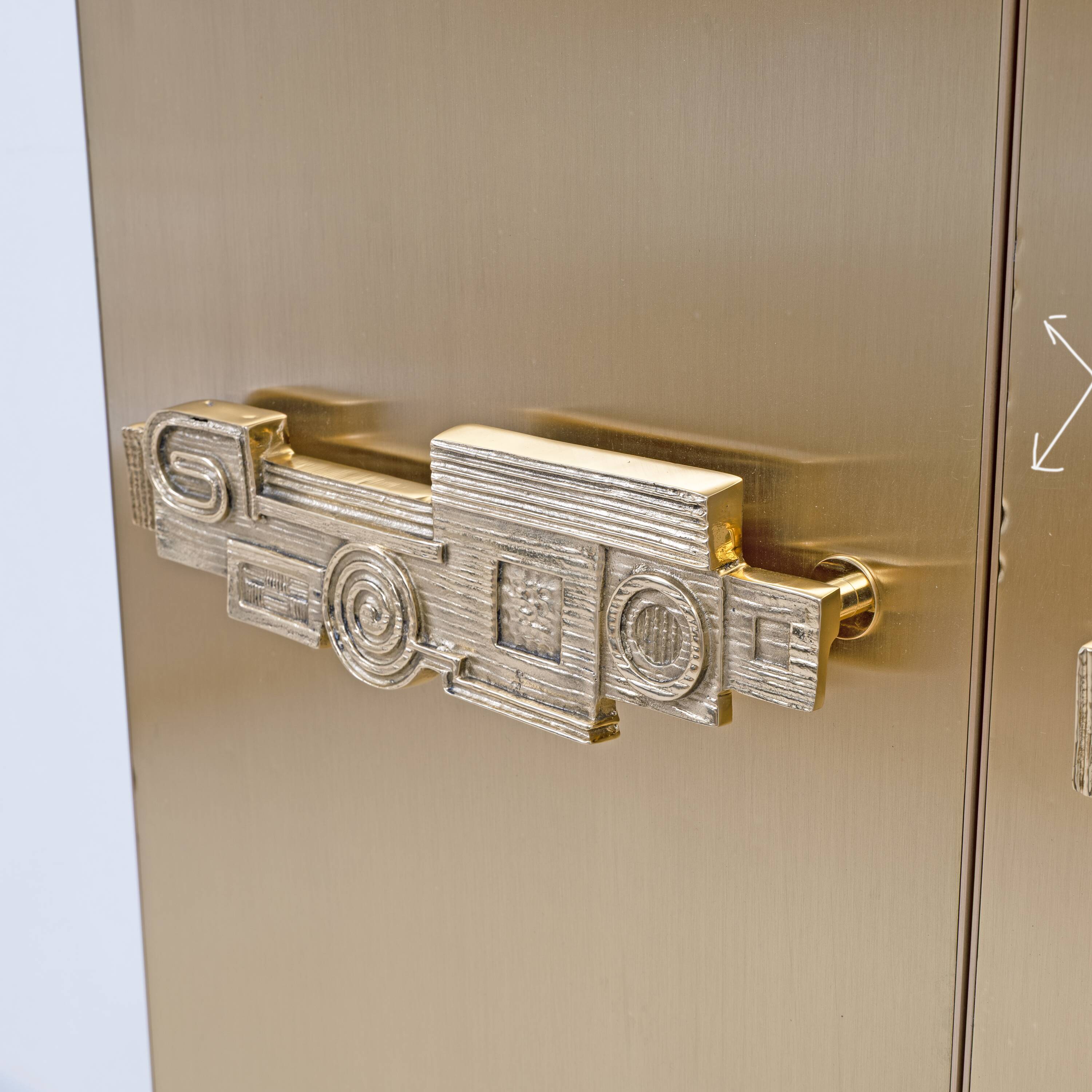 Italian Brass Bar Cabinet with Sculptural Cast Brass Handles
