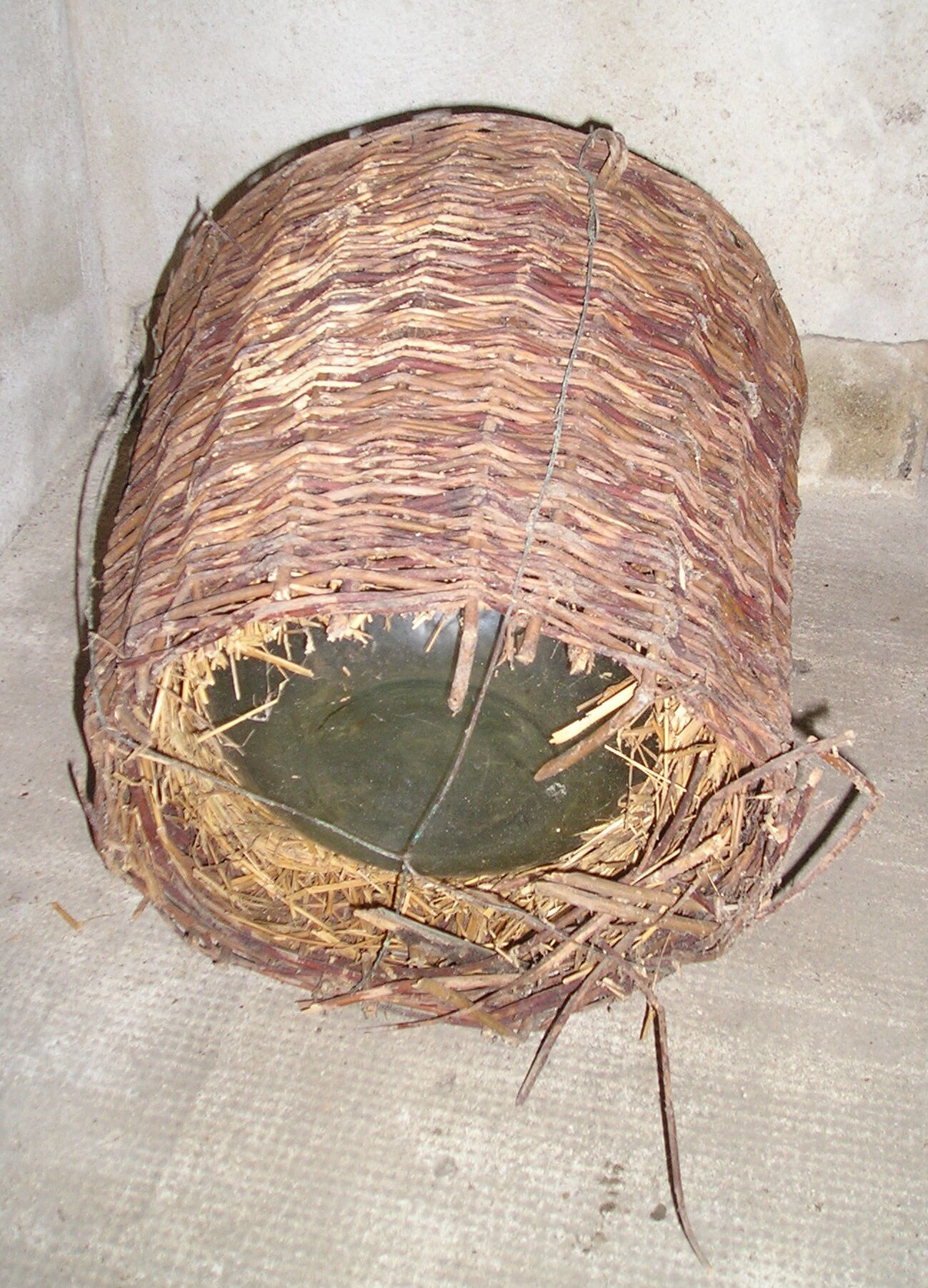 Old glass in her wicker basket demijohn