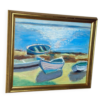 Original Mid Century Swedish Oil On Panel – “Harbor” By Lars Herder – Dated 1945 – Vintage & Framed – 45 × 37 Cm (17.7" × 14.6")