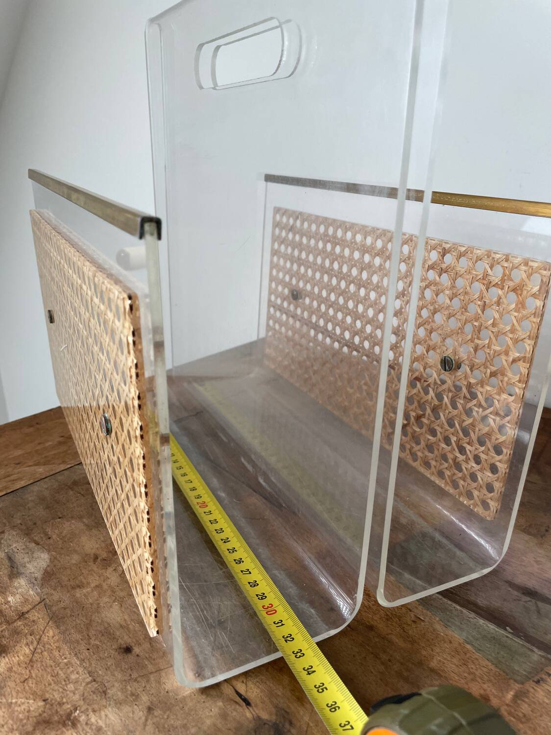 Magazine rack in plexiglass, brass and cane, 1970