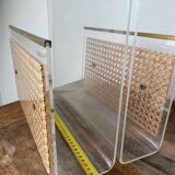 Magazine rack in plexiglass, brass and cane, 1970
