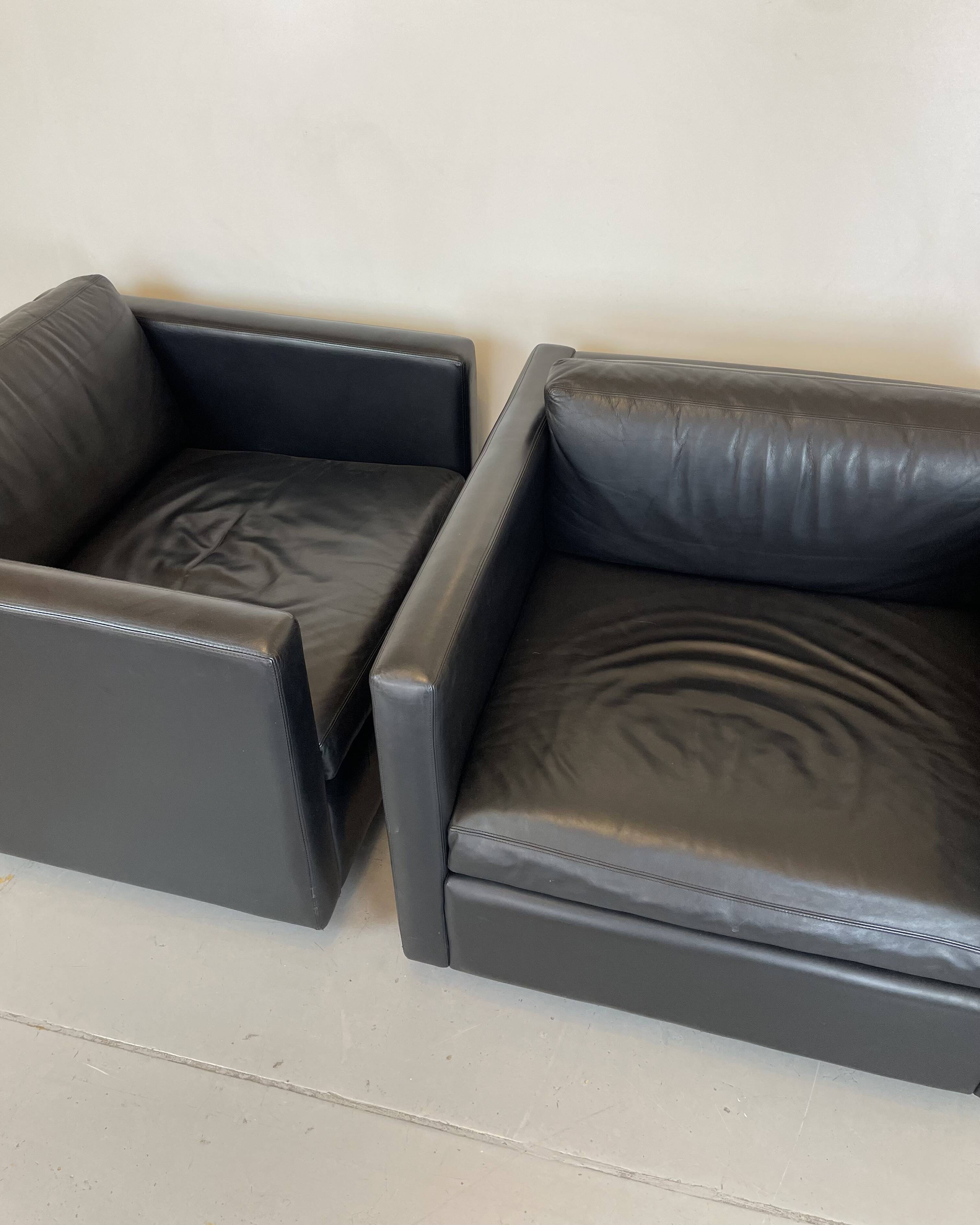 Pair of Black Leather Cube Club-Chairs by Charles Pfister for Knoll, 1980s