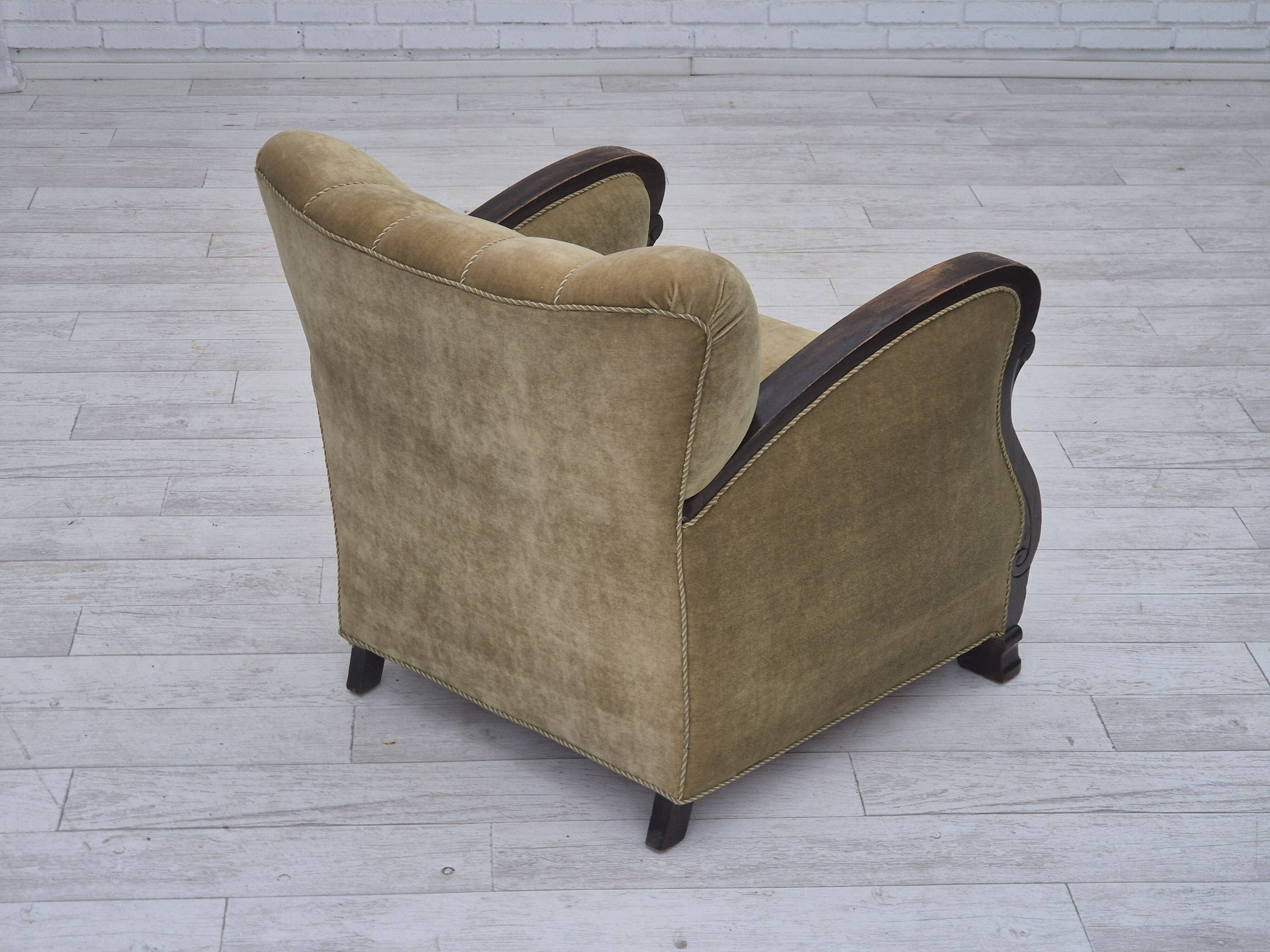 1950s, Danish relax armchair, green furniture velour, beech wood.