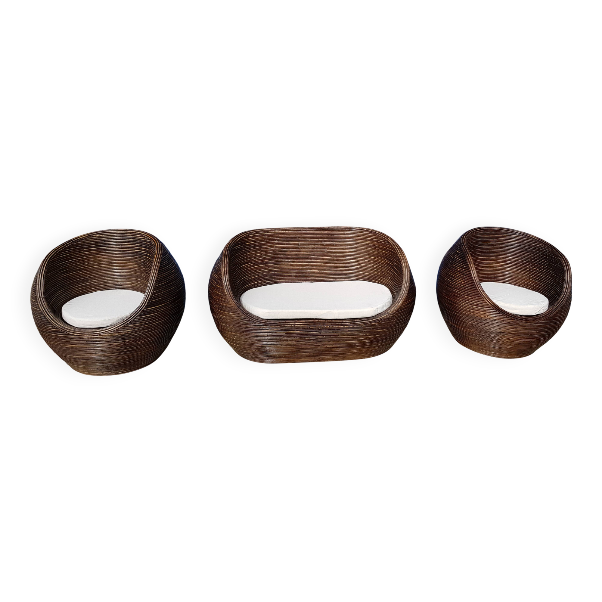 Set canapé sofa et ses 2 chauffeuses en rotin