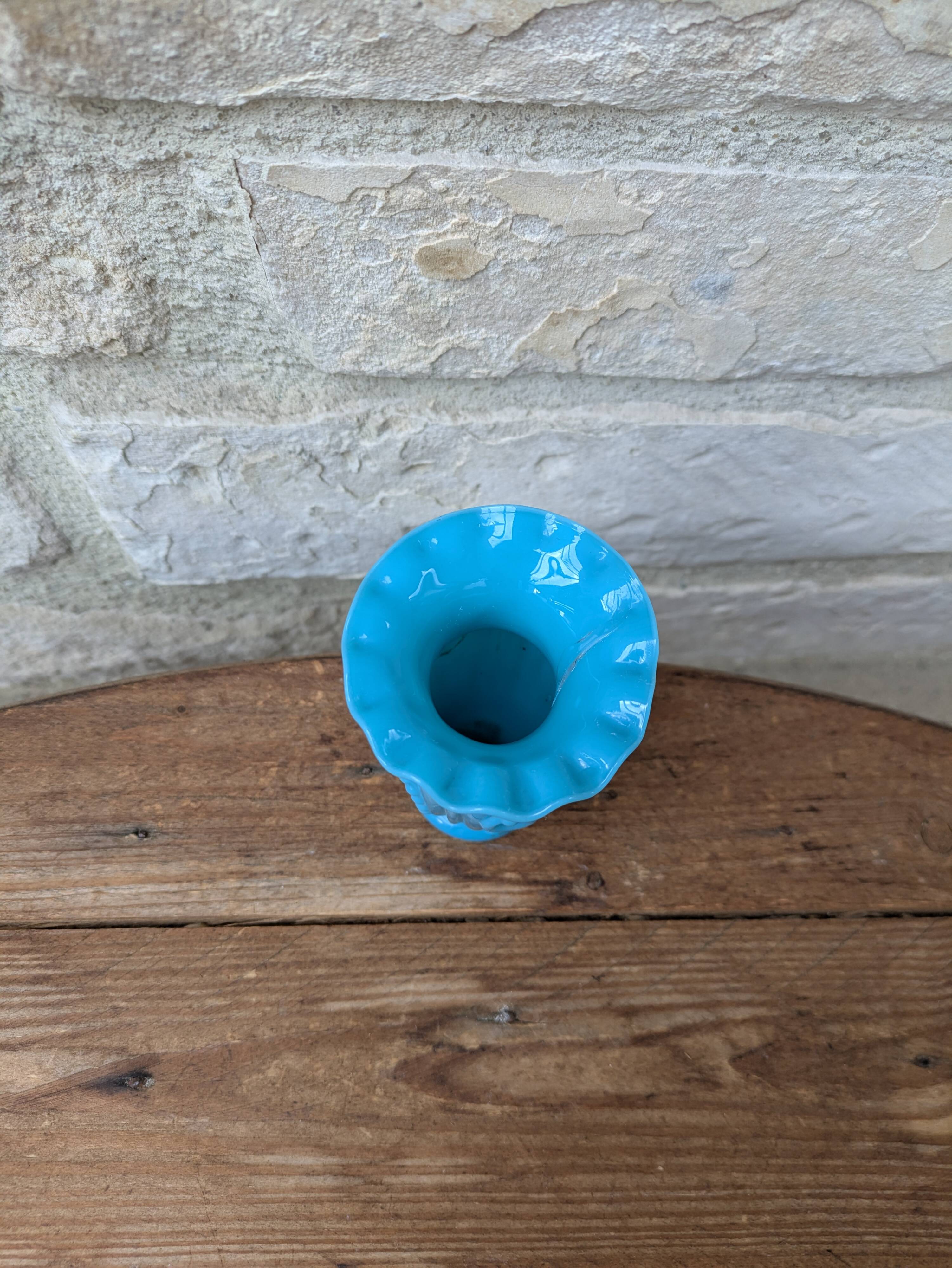 Antique small blue opaline vase with serrated neck and medallion decoration