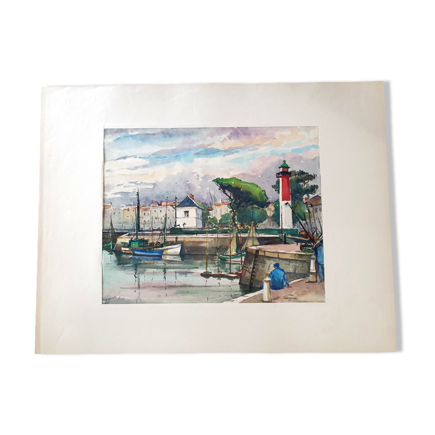 André Duculty (1912-1990) Watercolor on paper "Fishing port in the Mediterranean" Signed below