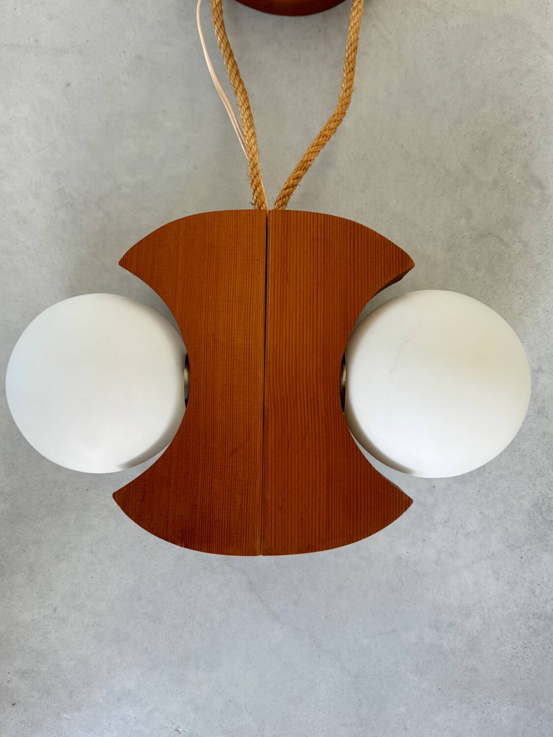 Scandinavian design chandelier pendant, rope, opaline and pine, from the 1980s