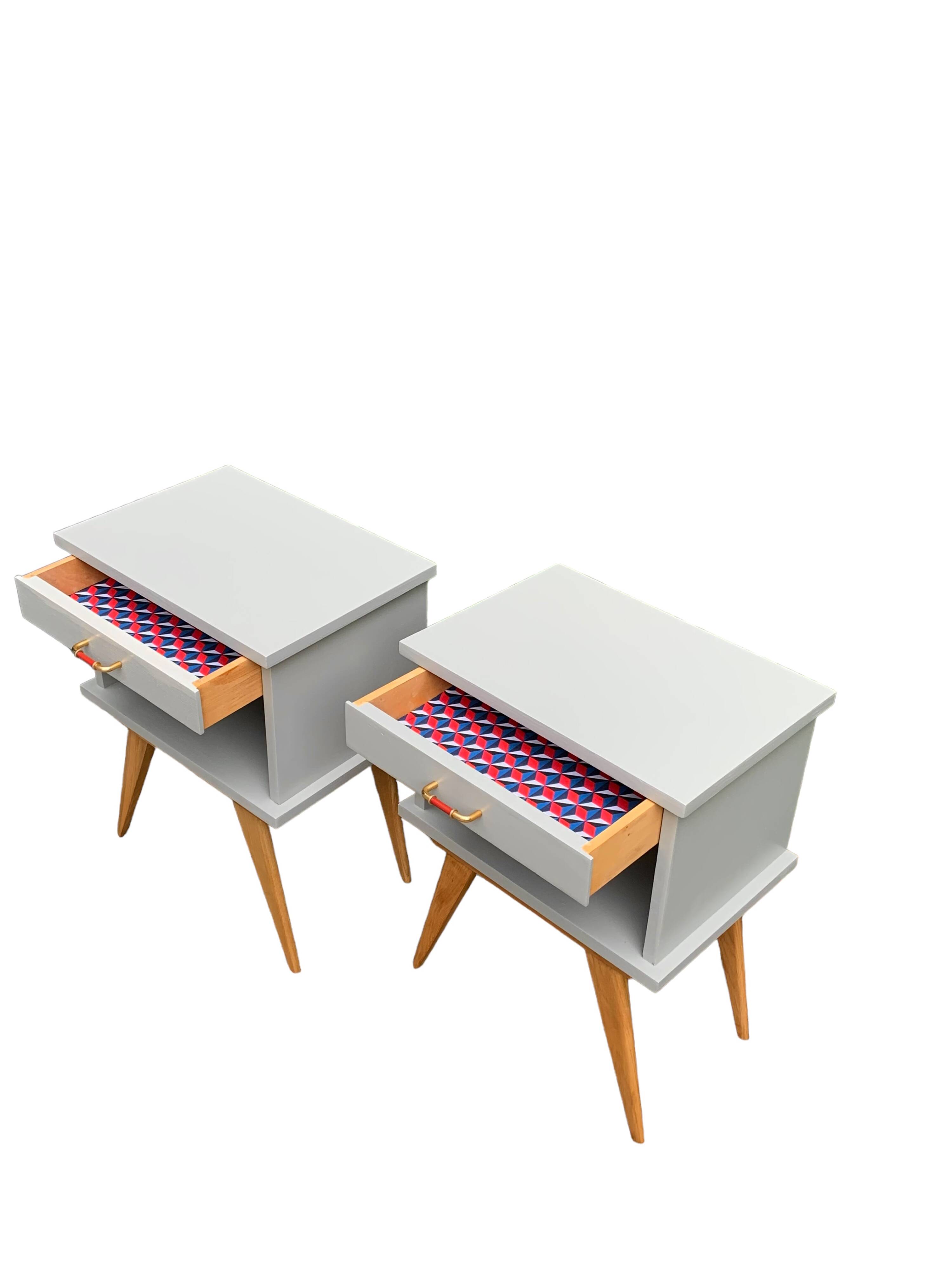 Pair of vintage 1950s compass foot bedside tables