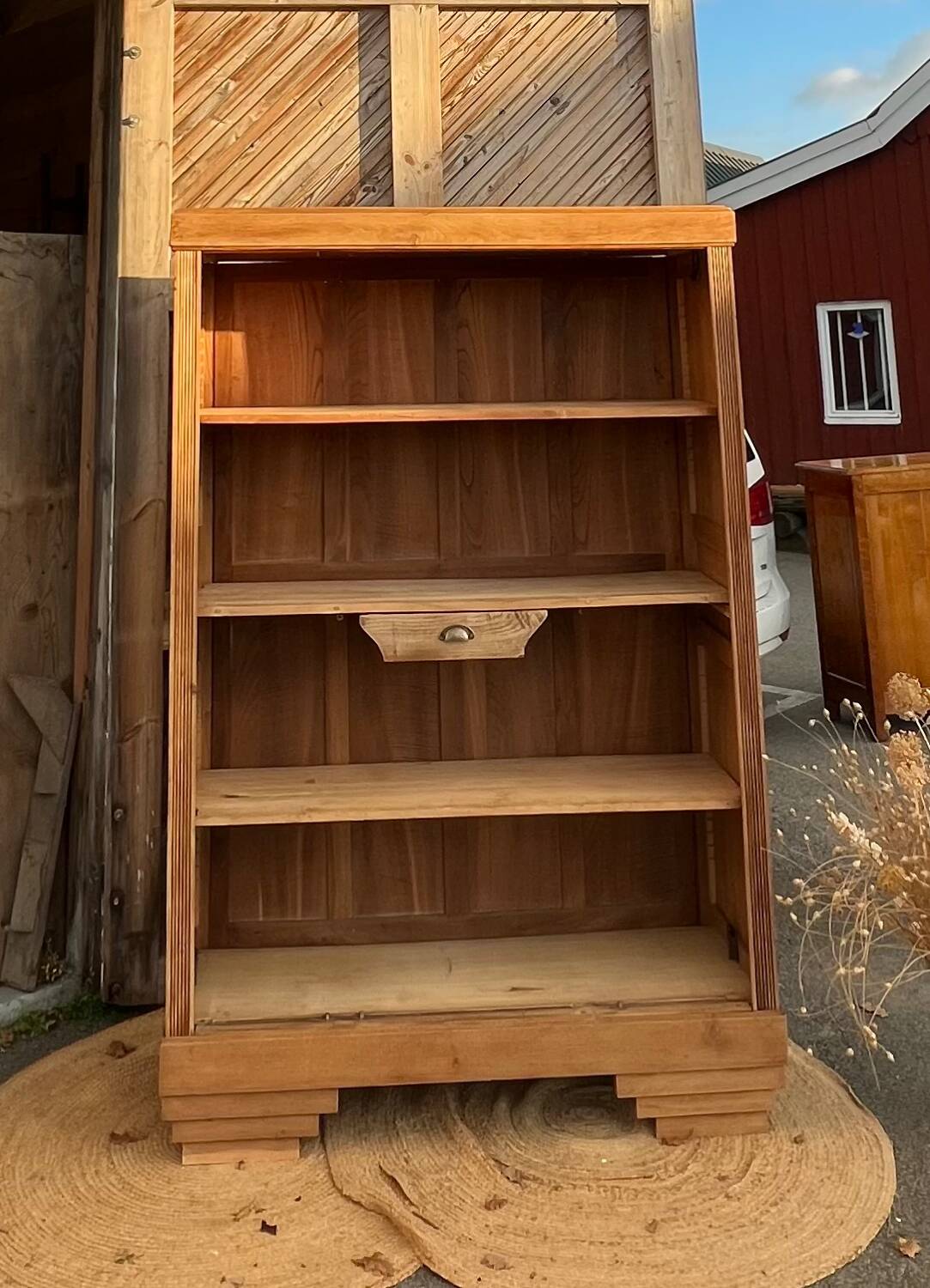 Large antique bookcase in raw solid oak