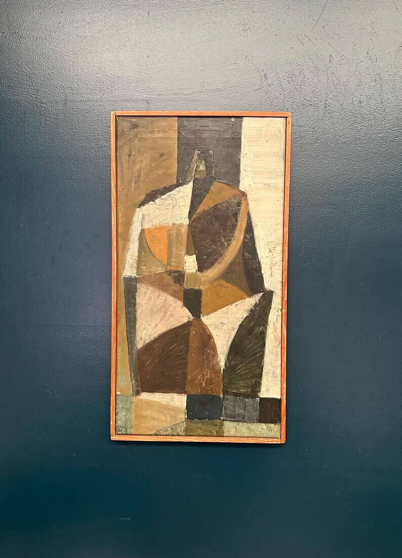 Original Swedish Oil on Canvas – "Abstrakt Komposition" by Hans Fritzdorf (1927–1990) – Vintage and Framed – 71 × 38 cm (28" × 15")