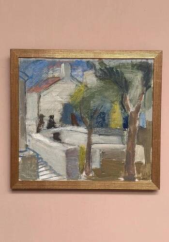 Mid-Century Oil on Canvas 'House with Two Trees' by Zage, Vintage & Framed