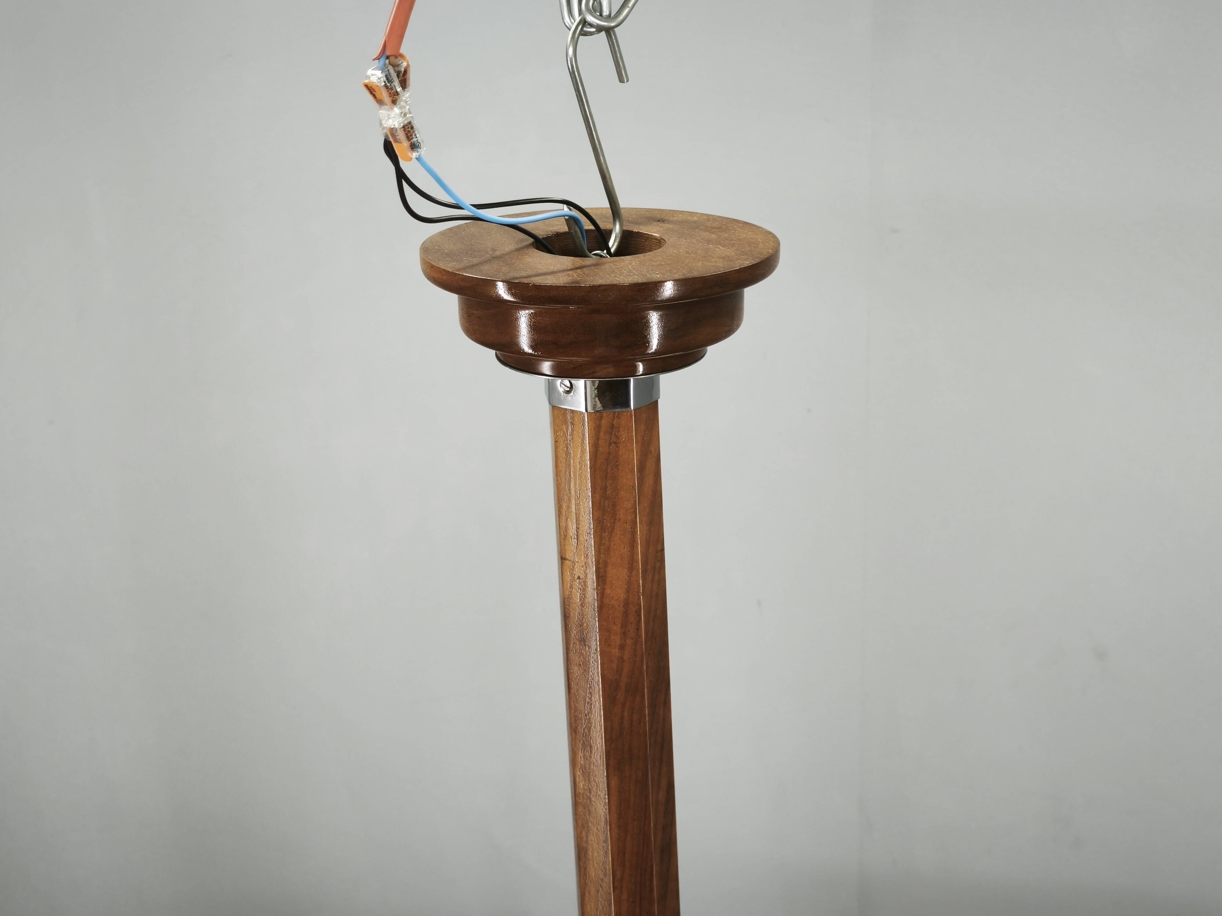 Czech Art Deco Walnut, Chrome and Opaline Glass Chandelier, 1930s