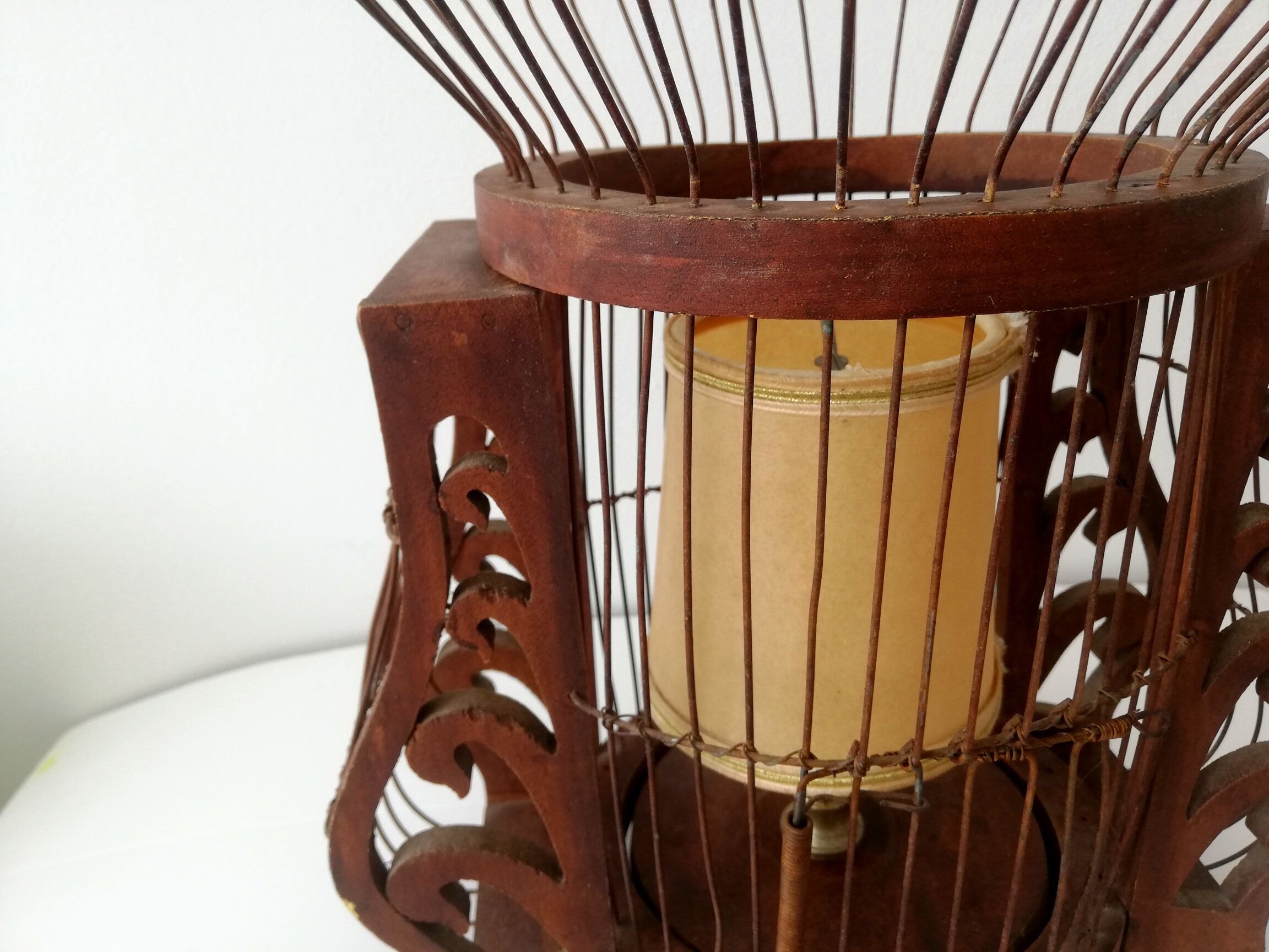 Antique wooden birdcage table lamp light bird home vintage