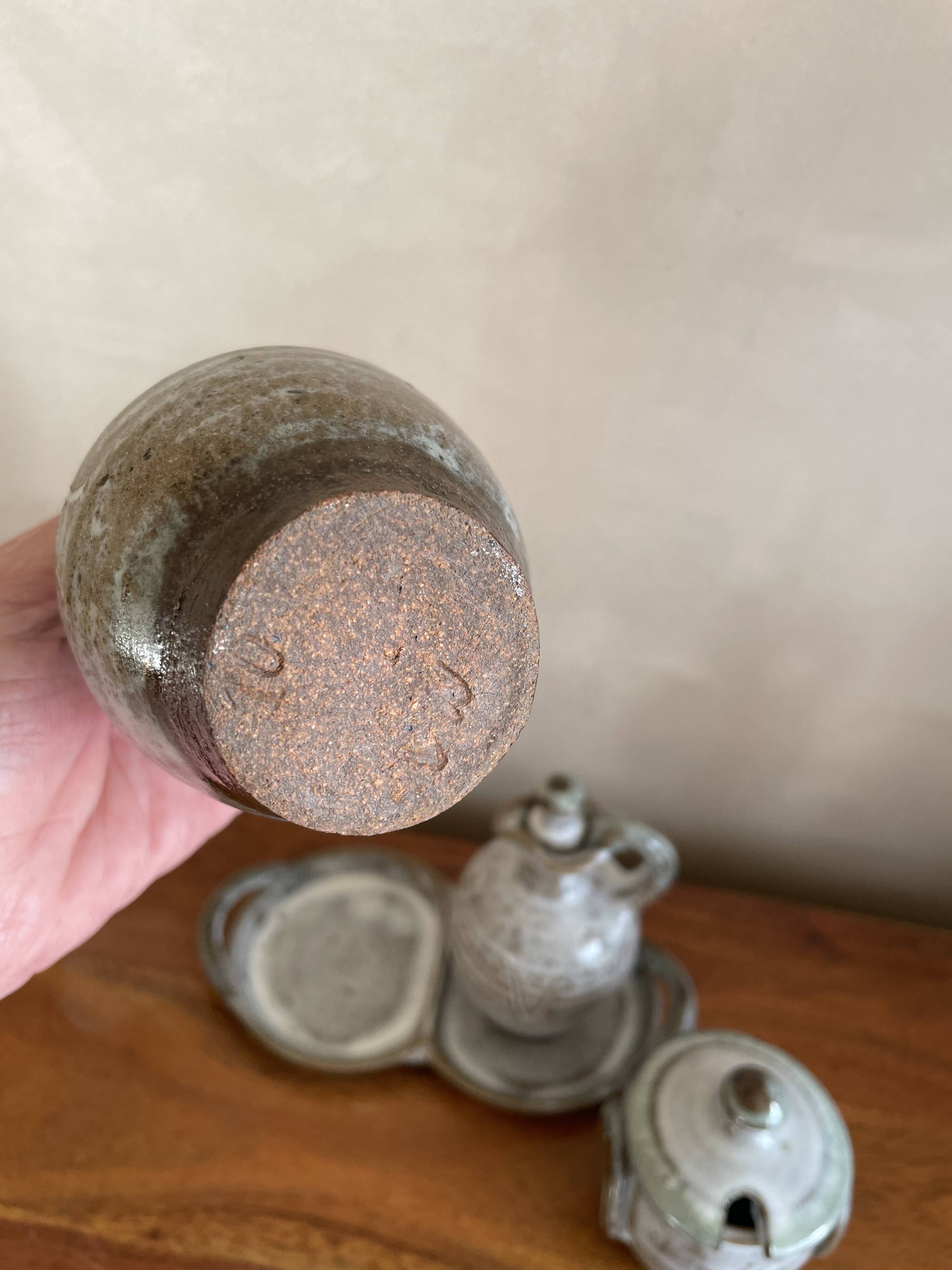 Salt, pepper, and mustard set in stoneware