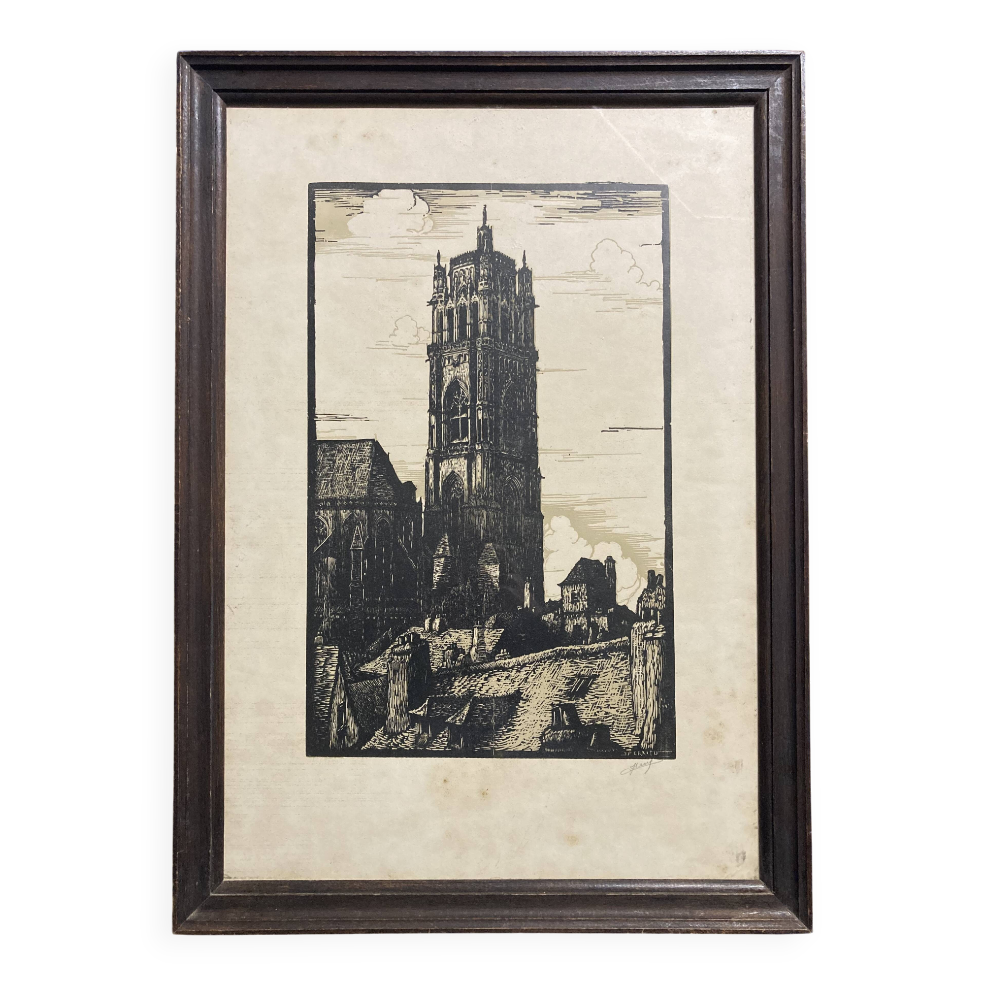 Old illustration of the Cathedral of Rodez, framed.
