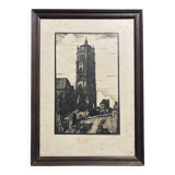 Old illustration of the Cathedral of Rodez, framed.