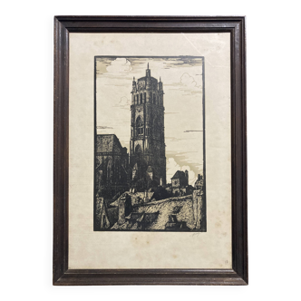 Old illustration of the Cathedral of Rodez, framed.