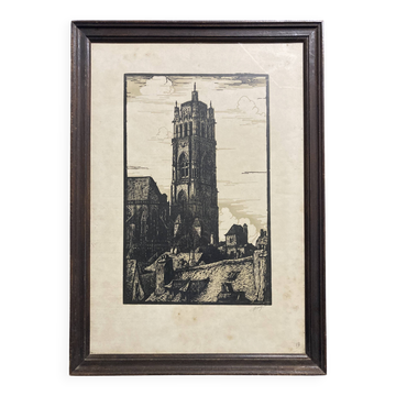 Old illustration of the Cathedral of Rodez, framed.