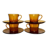 4 amber Duralex cups and saucers