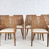 Rattan and Wood Chairs, France, Set of 6