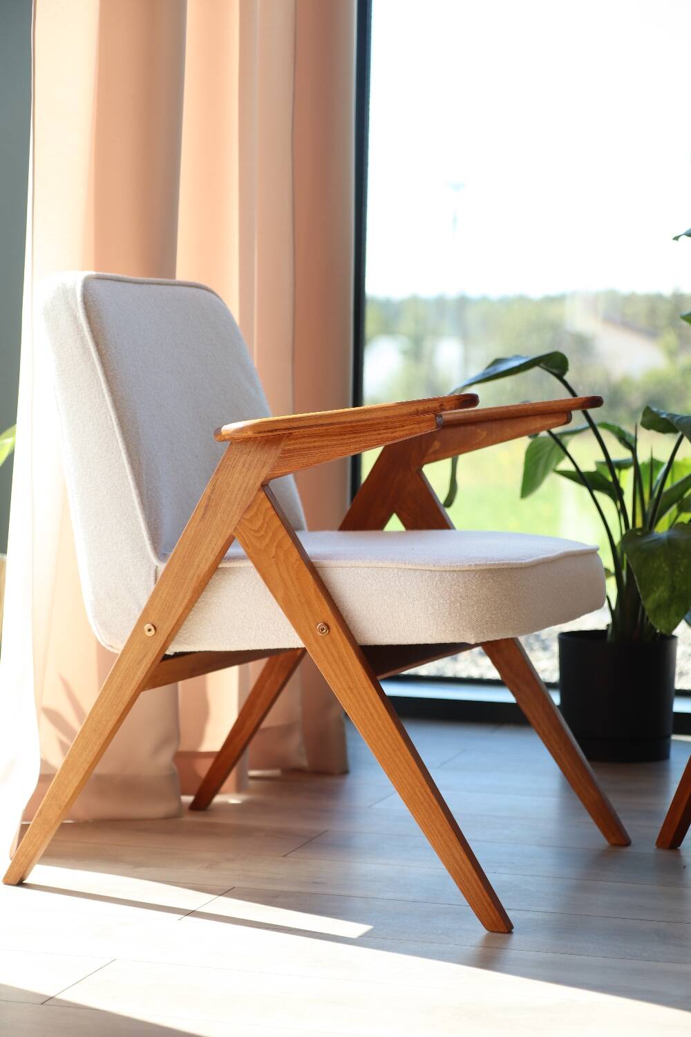 Vintage armchair white curly natural wood boho design by Chierowski 1970