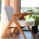 Vintage armchair white curly natural wood boho design by Chierowski 1970