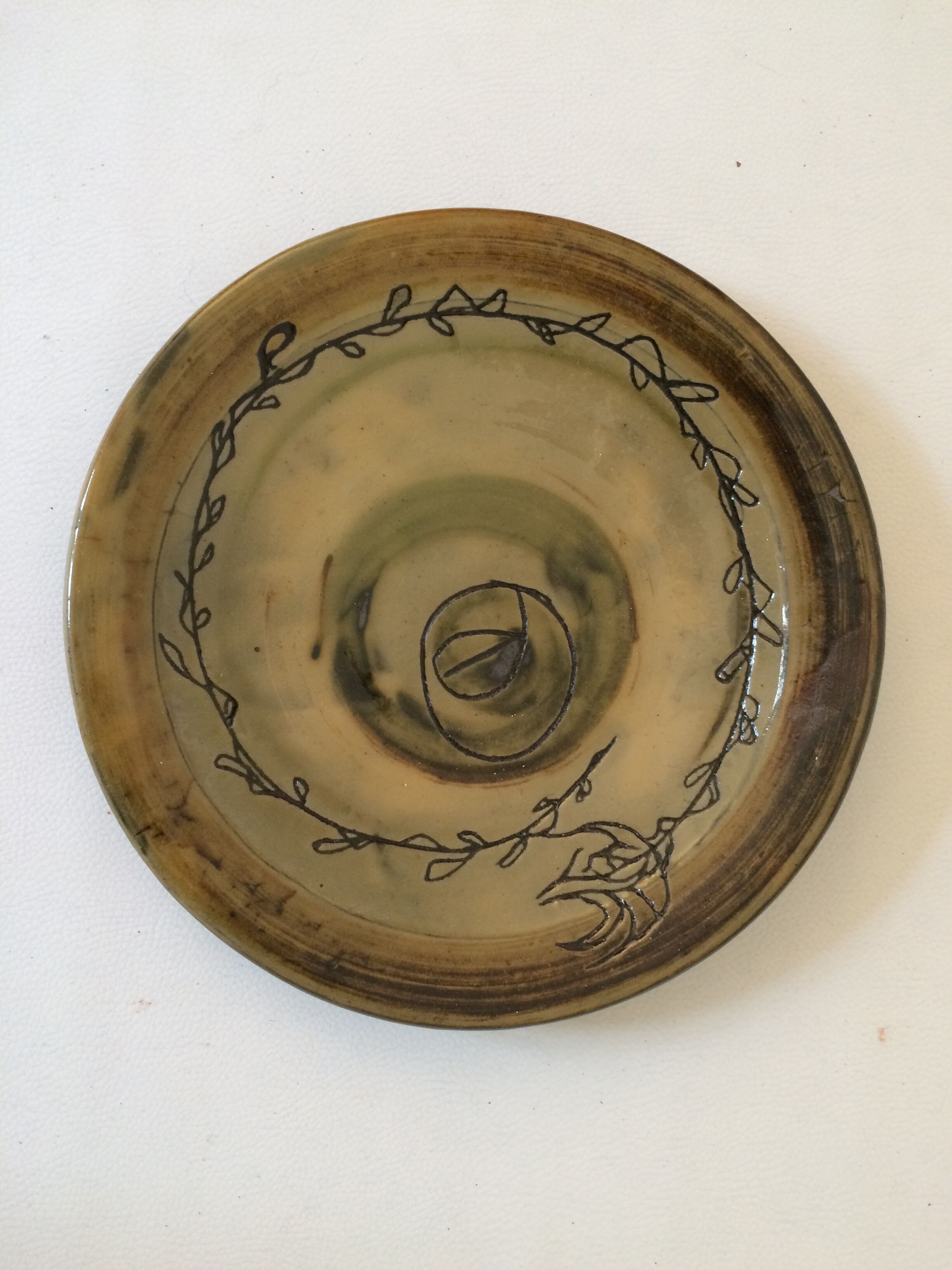 Green ceramic plate signed vintage