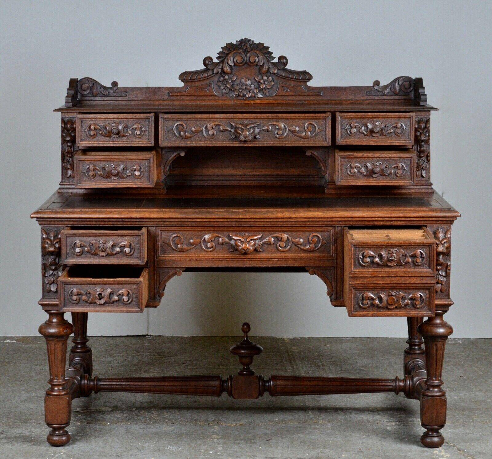 George III style bureau in carved solid oak, circa 1880.