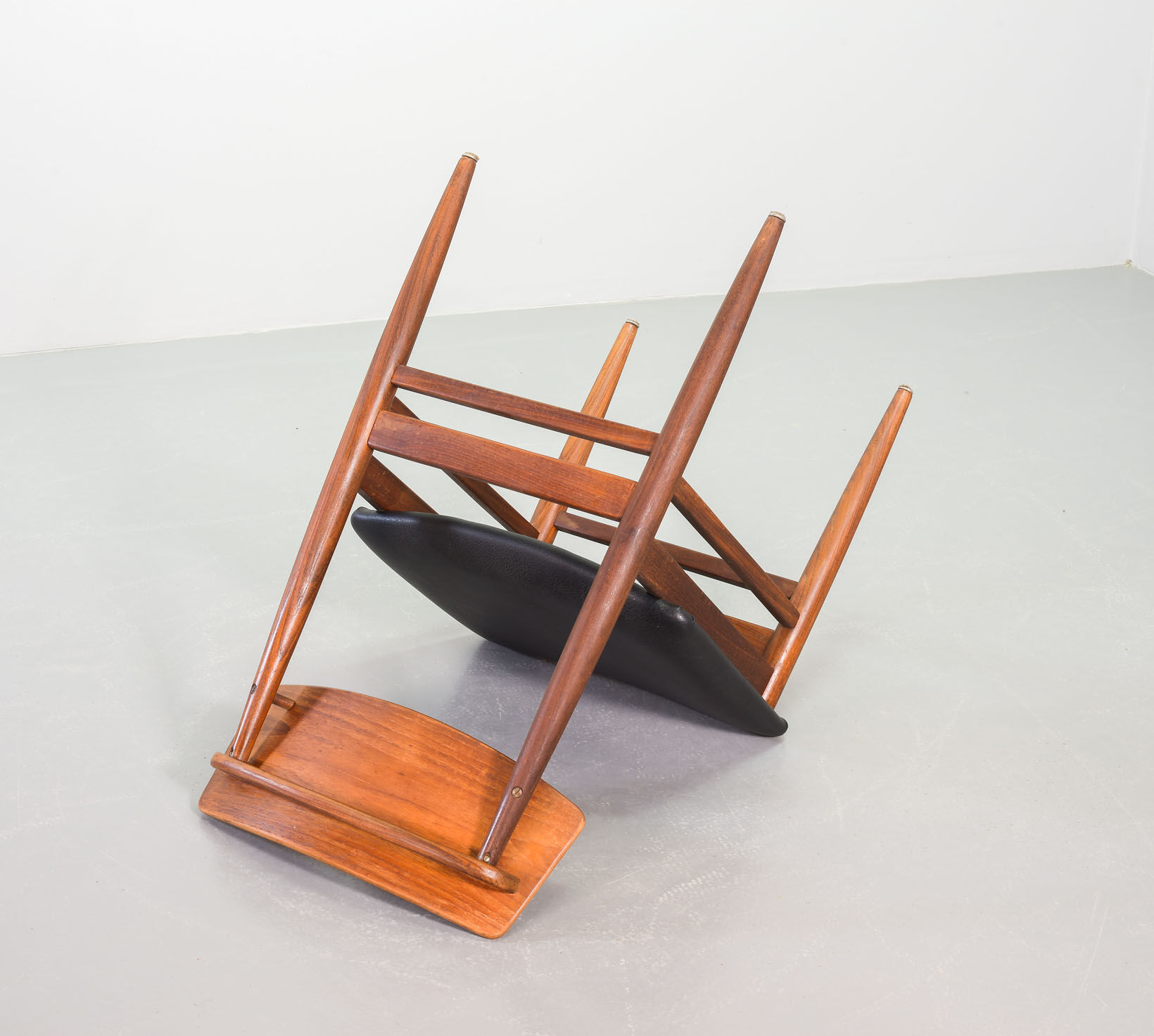 Danish Solid Teak Wooden Dining Chairs with Black Leatherette Seating 1960s