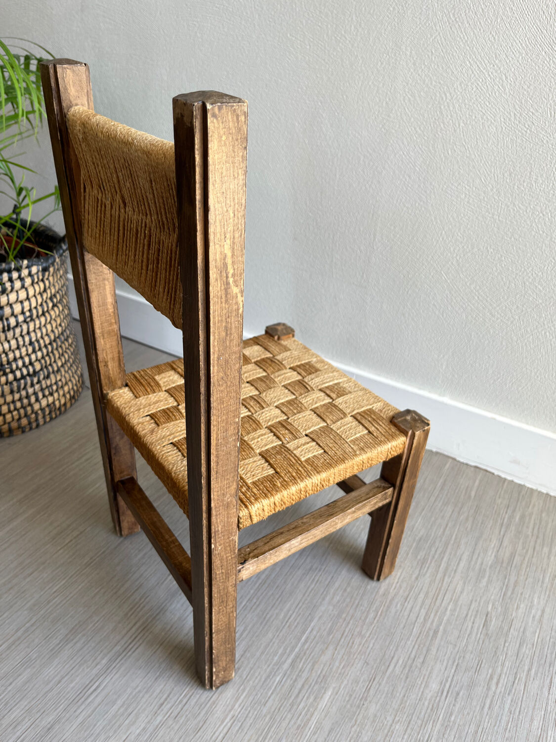 Vintage children's chair wood and rope by Audoux and Minet