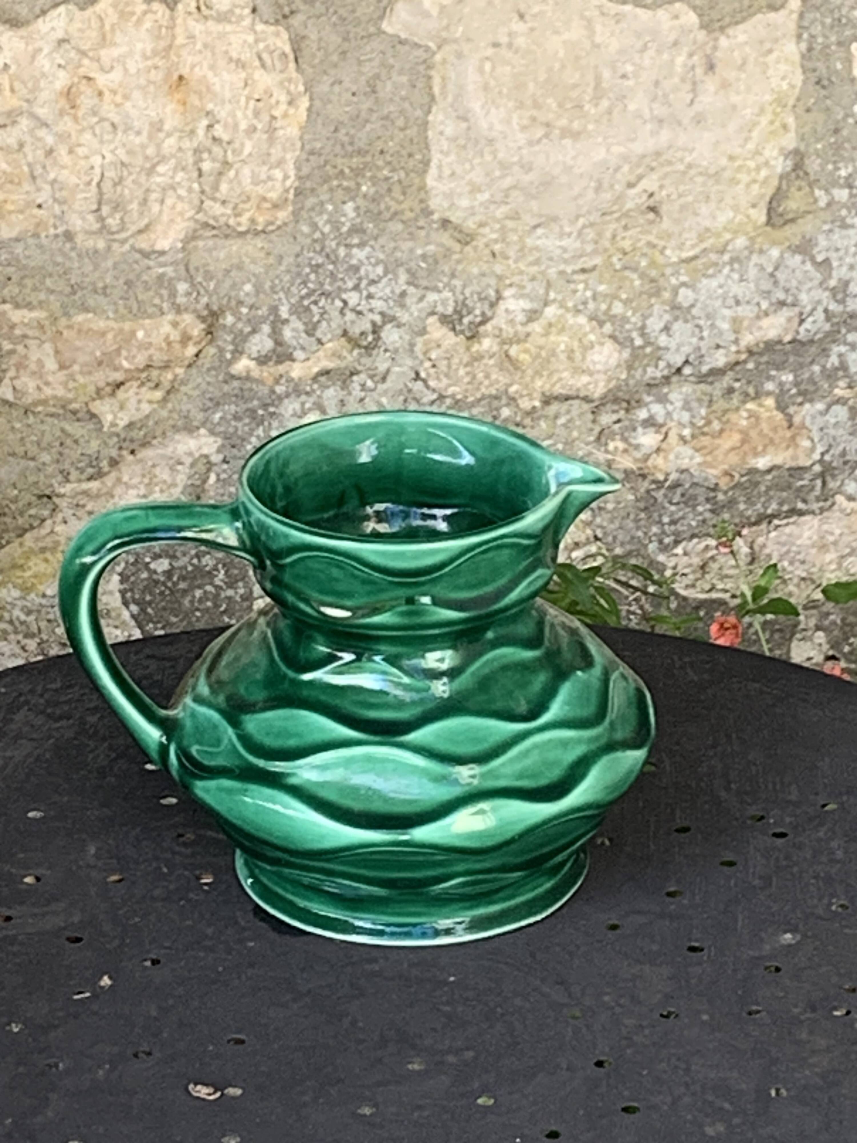 Carafe, pitcher in enamelled ceramic, slip, green, numbered 6183, vintage