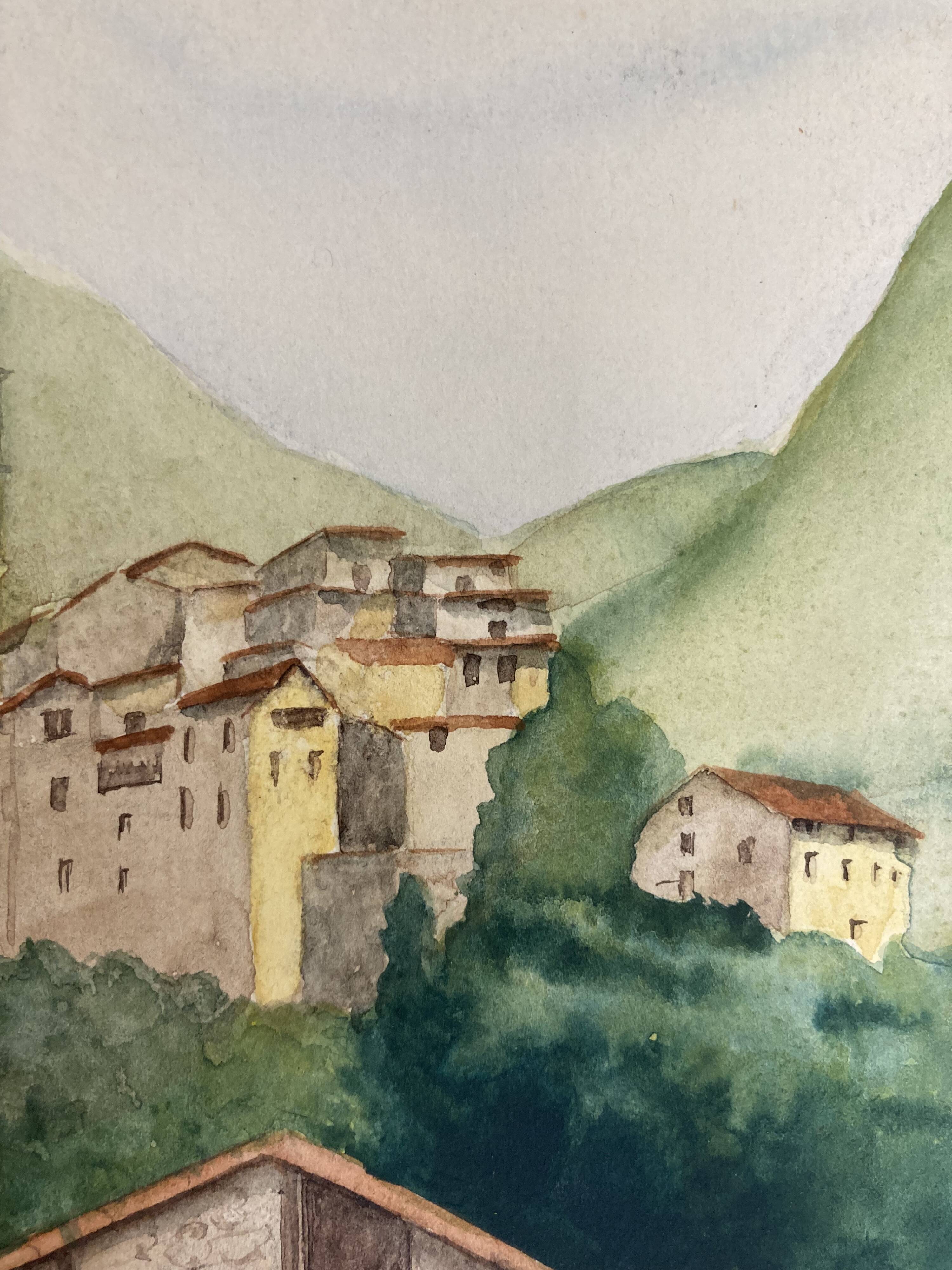 Signed watercolor of landscape with bell tower