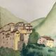 Signed watercolor of landscape with bell tower