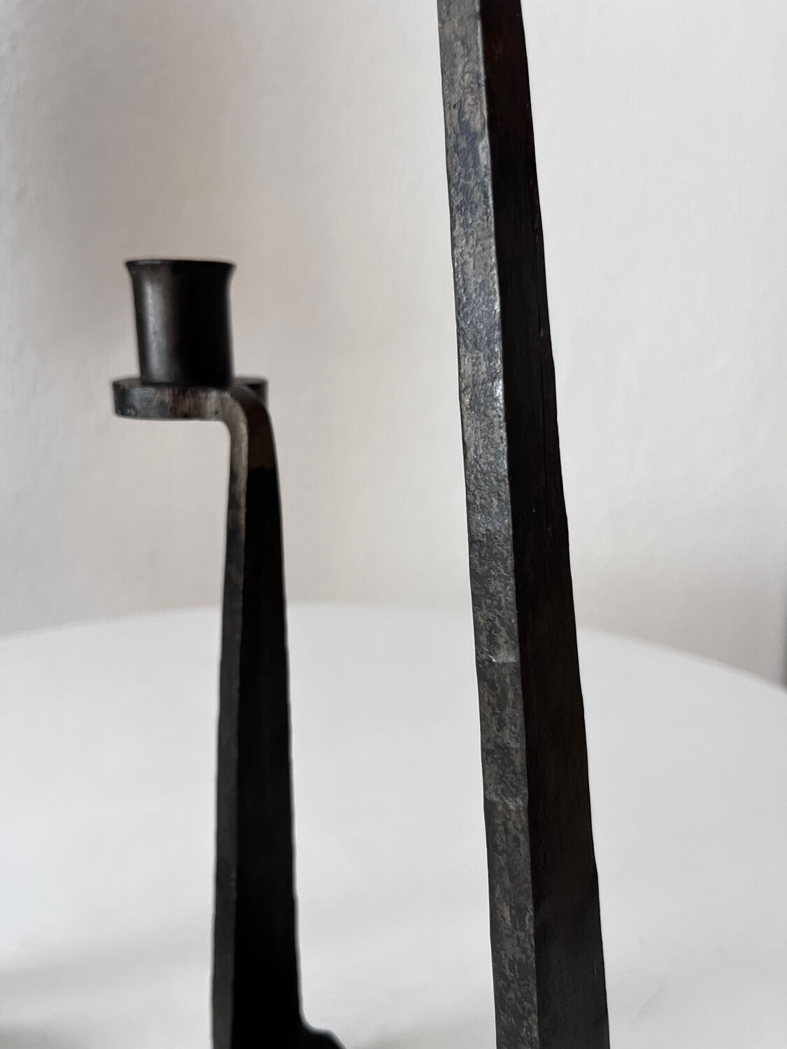 Brutalist wrought iron candlestick pair