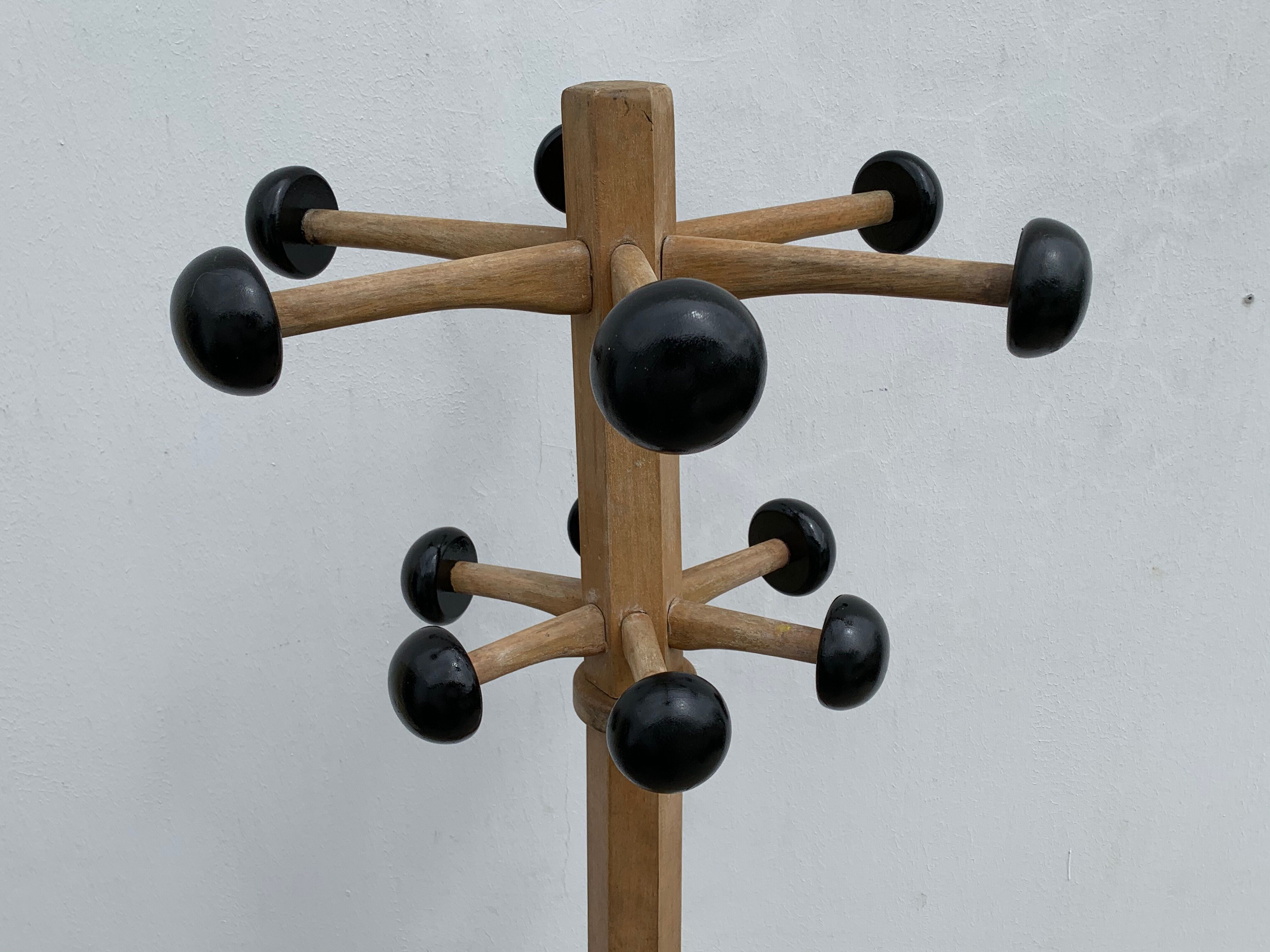 Portemanteau parrot wood tripod 12 black balls Stella 1960