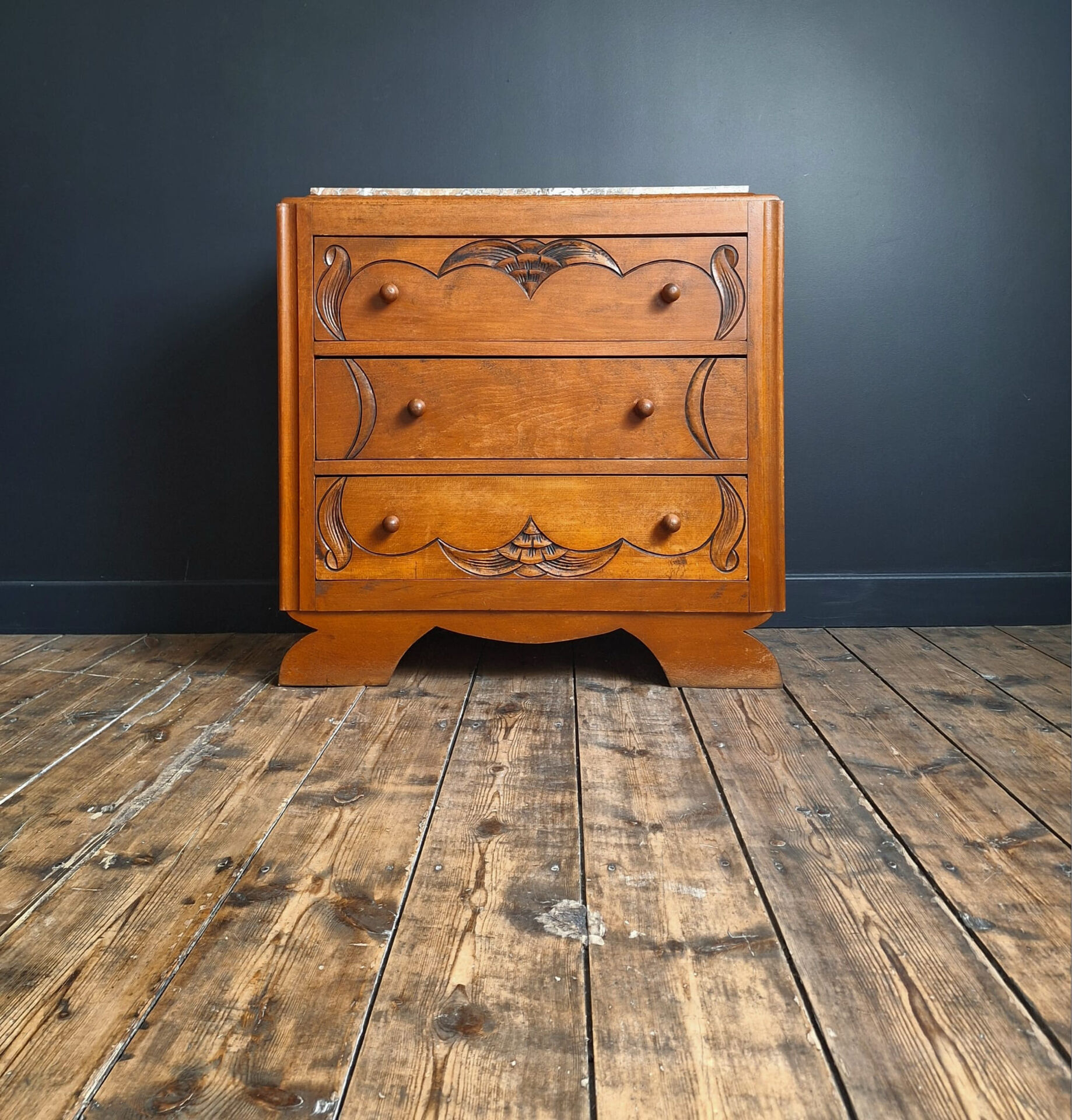 Art Deco commode, vintage antique piece with marble top.