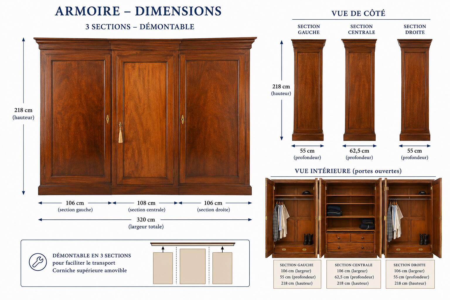 Armoire de style Louis-Philippe en bois de cerisier massif
