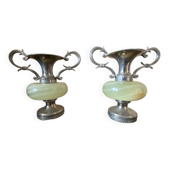 Pair of amphora in onyx and metal