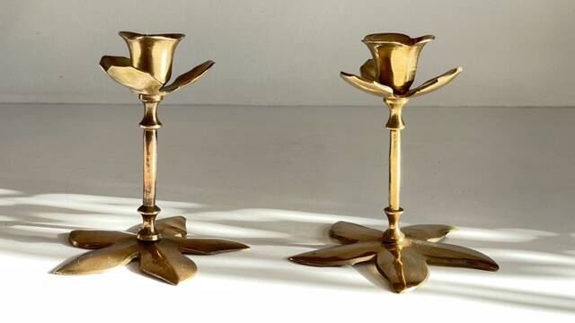 Pair of VINTAGE solid BRASS Flower CANDLE HOLDERS
