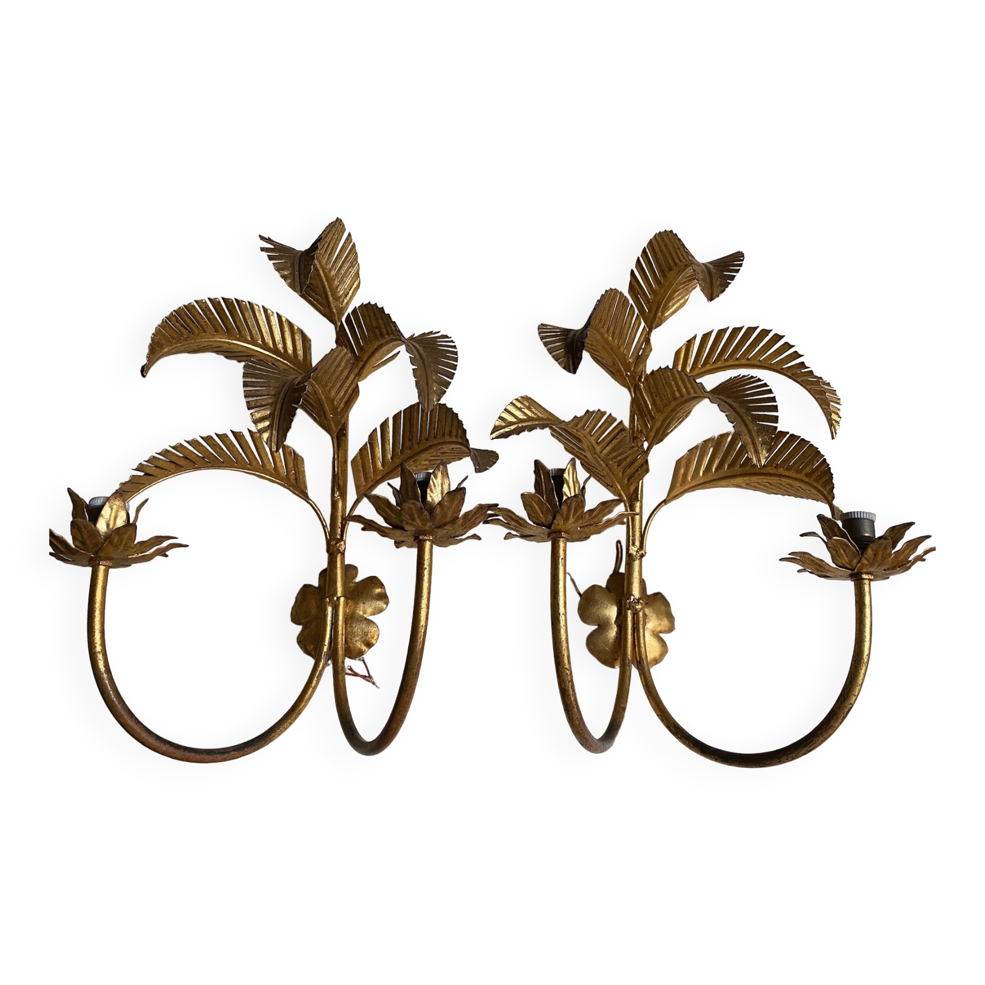 Pair of vintage golden palm leaf sconces
