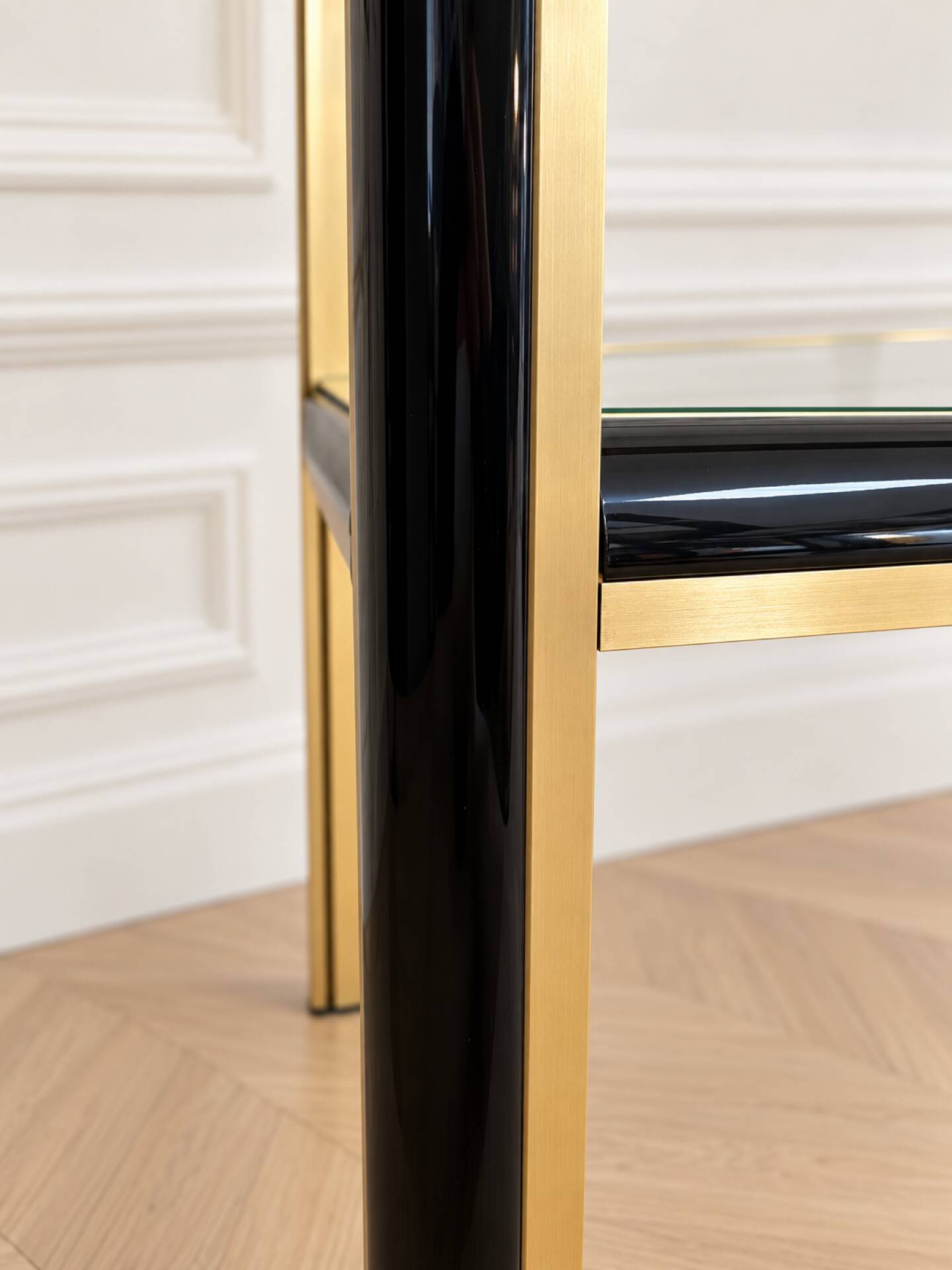 Vintage black and gold console with two glass shelves – 70s/80s