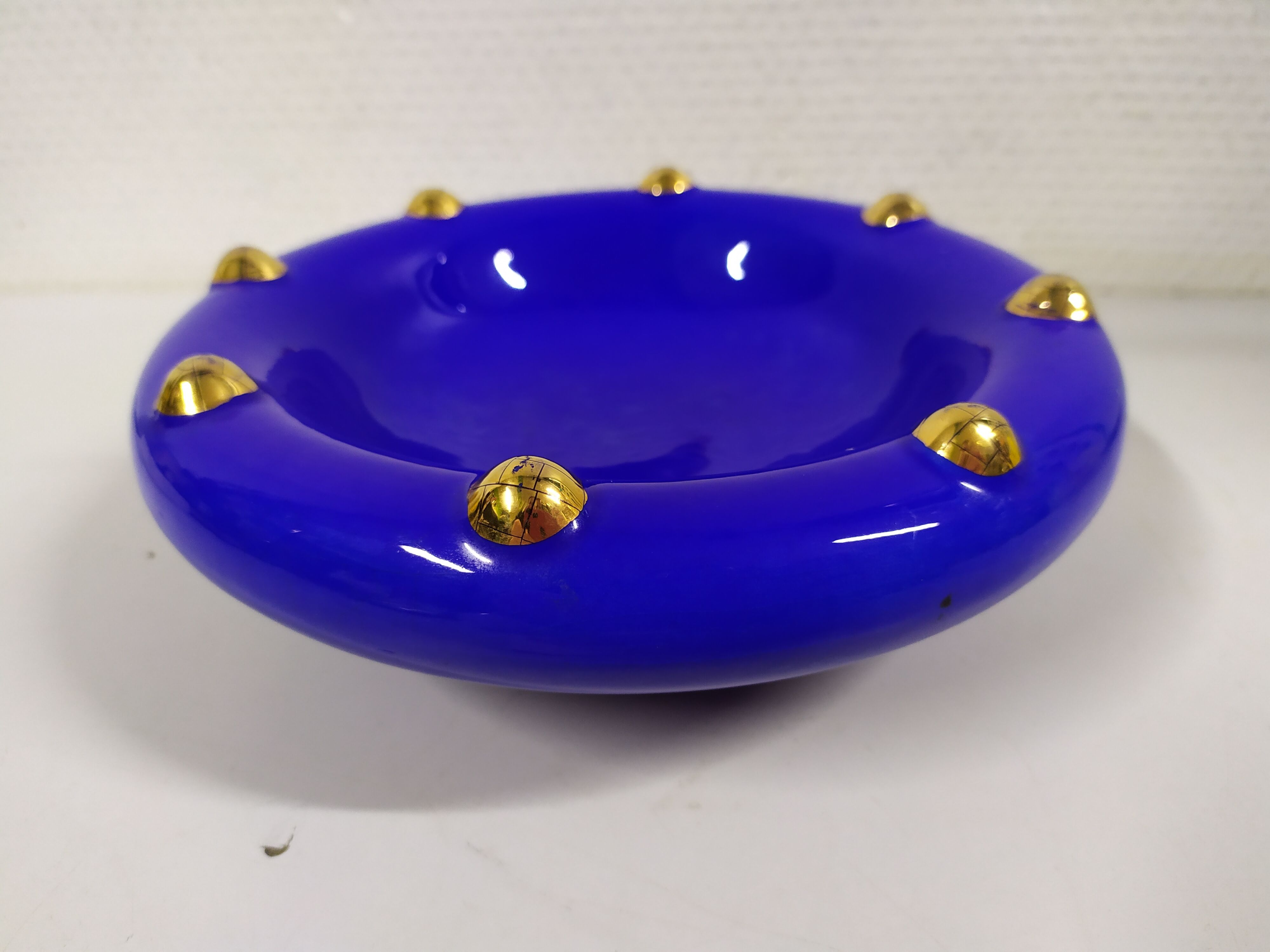 Vintage enamelled longwy blue and gold pocket cup