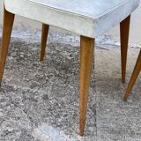 Pair of vintage 1960s compass-legged chairs in wood and white imitation leather